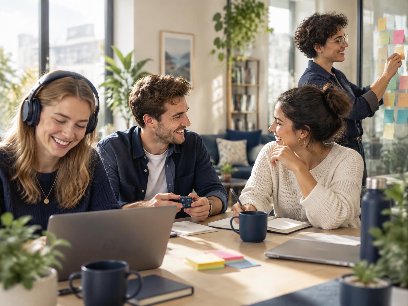 A happy, inclusive team at work: colleagues smiling around a table while one wears headphones and another organises sticky notes